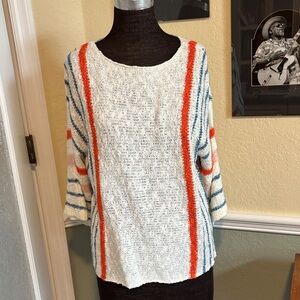 Lightweight White Knit Sweater with Orange and Blue Stripes